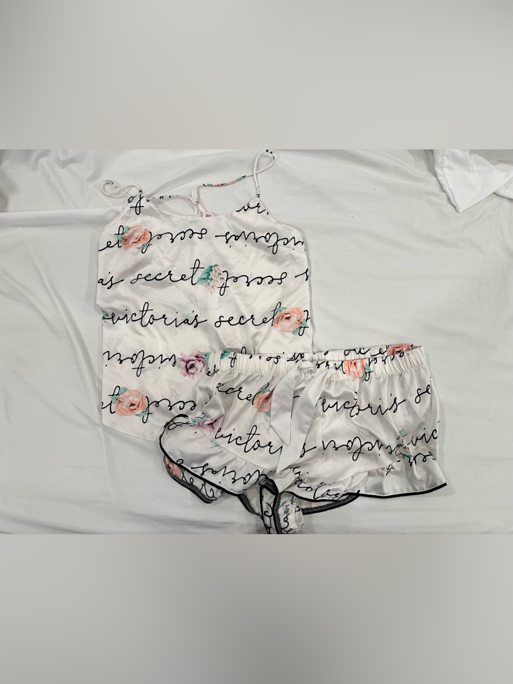 Victoria's Secret White Floral Script Satin Cami & Shorts Set